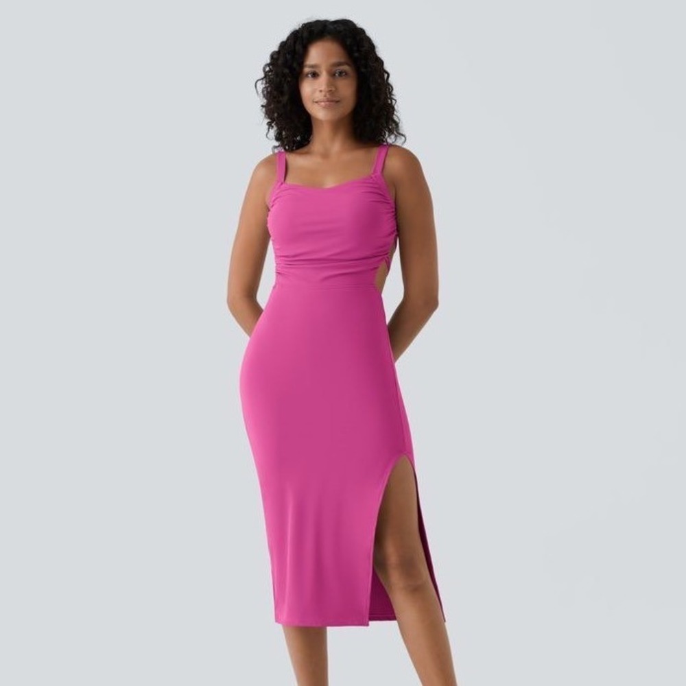 Halara Women's Ruched Lace Up Bodycon Midi Casual Dress Size M Fuchsia Fedora
